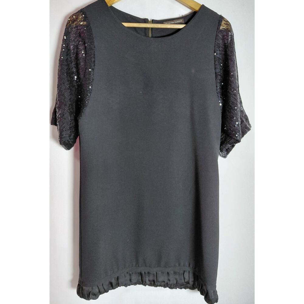 COLLECTIVE CLOTHING DS8774 Sequin Sleeve Top Black Solid Short Sleeve Size S